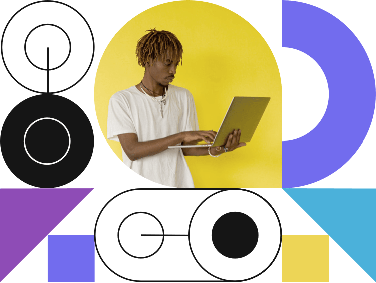 boy holding a laptop and some abstract illustration